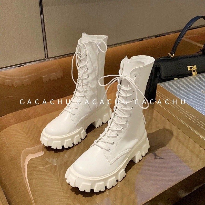 Bốt nữ cao cổ Ulzzang 20cm Boot hàng QC cao cấp đẹp dây buộc có khóa kéo đế cao 5.5cm màu đen trắng hot CACACHU G024 | BigBuy360 - bigbuy360.vn