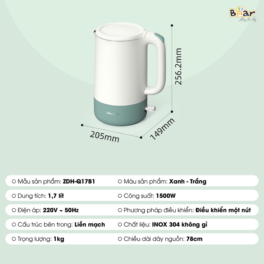 Ấm Siêu Tốc - Ấm Đun Nước Siêu Tốc Bear ZDH-Q17B1 Dụng Tích 1.7L, 3 lớp, nấu nước nhanh, sử dụng inox 304 cao cấp