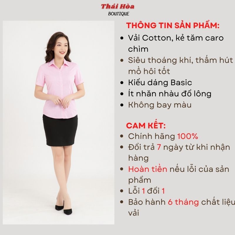 Áo sơ mi nữ đẹp ngắn tay công sở kẻ tăm caro chìm màu hồng cotton Thái Hoà N631-10-01