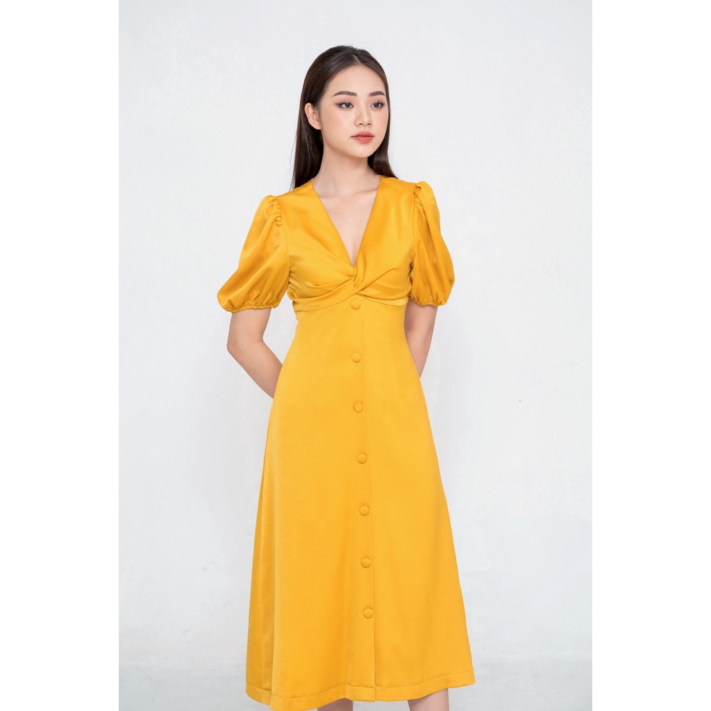 De Leah - Đầm Ôm Midi Xoắn Nơ Ngực- Thời Trang Thiết Kế