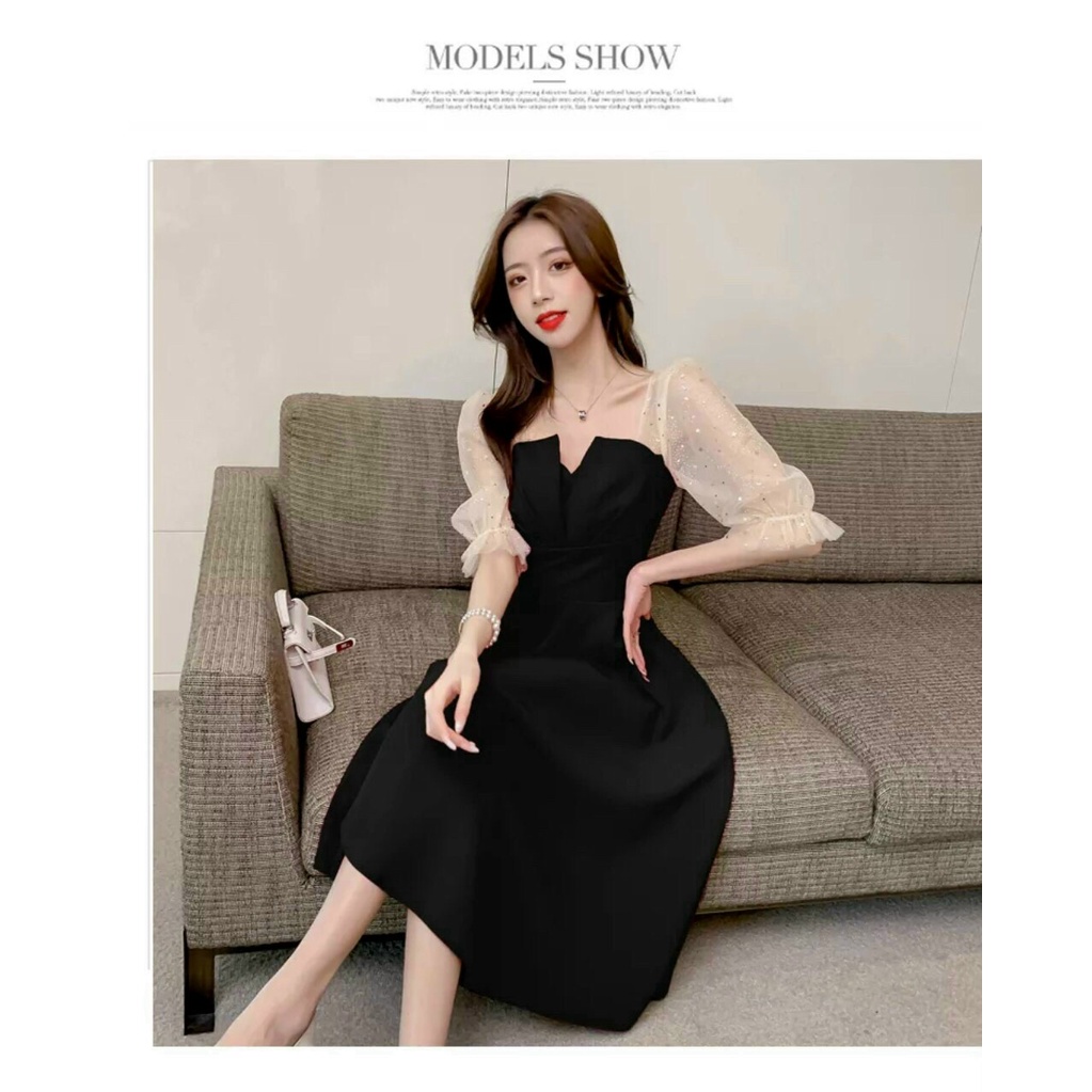 Đầm Xòe Tiểu Thư Tay Lưới Kim Sa Thanh Lịch