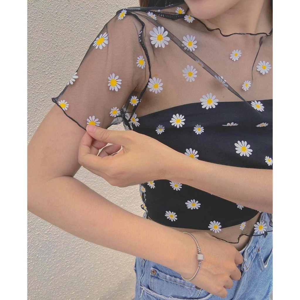 Set Croptop Lưới Hoa Cúc 🌸 Áo mỏng trong suốt kèm áo quây thun ôm body co giãn nữ SIÊU HOT 🌸 | BigBuy360 - bigbuy360.vn