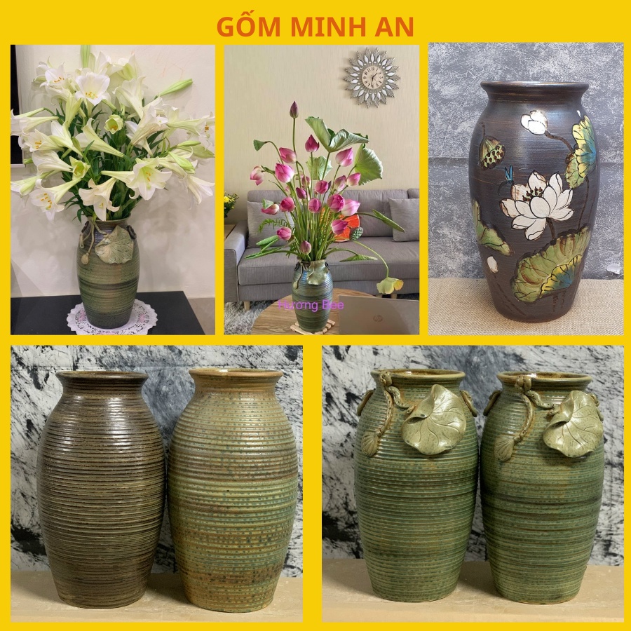 Bình Hoa Lọ Hoa Dáng Cao đắp sen, vẽ hoa văn, men mộc thích hợp cắm hoa sen, hoa loa kèn, hoa ly gốm Minh An Bát Tràng