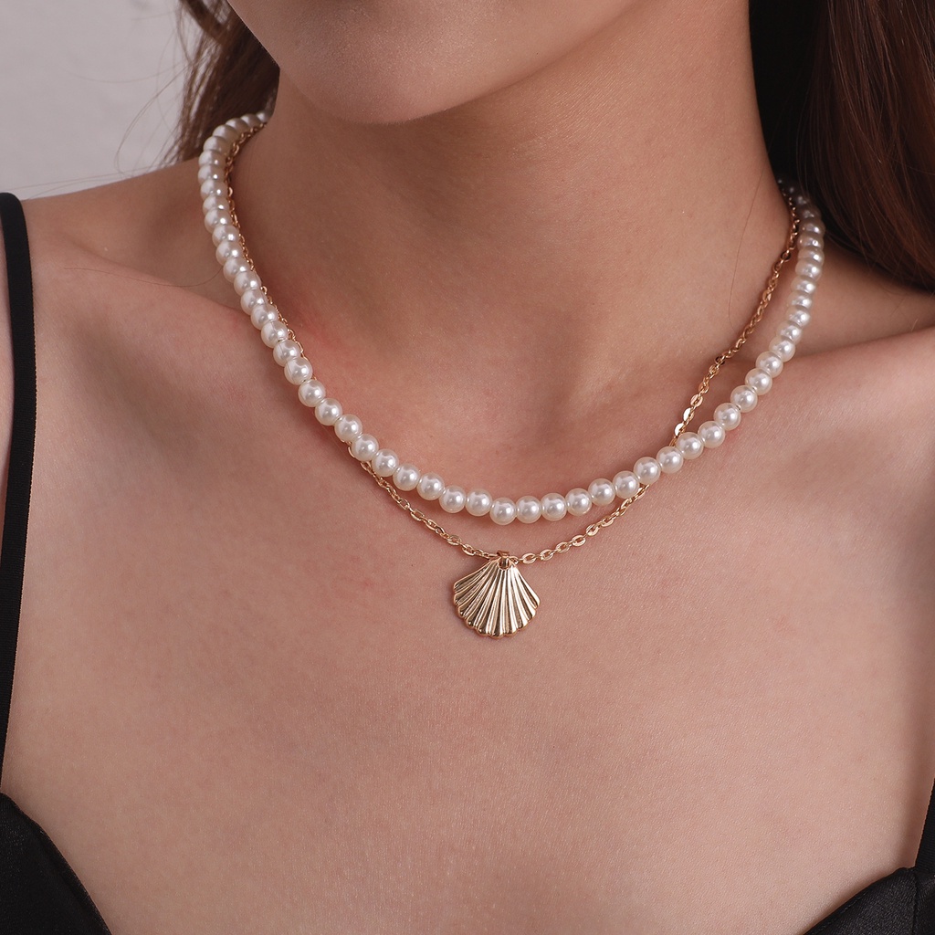 (0276) Dây Chuyền Vòng Cổ Hai Lớp Sợi Ngọc Kết Hợp Vỏ Sò Thời Trang Vintage
