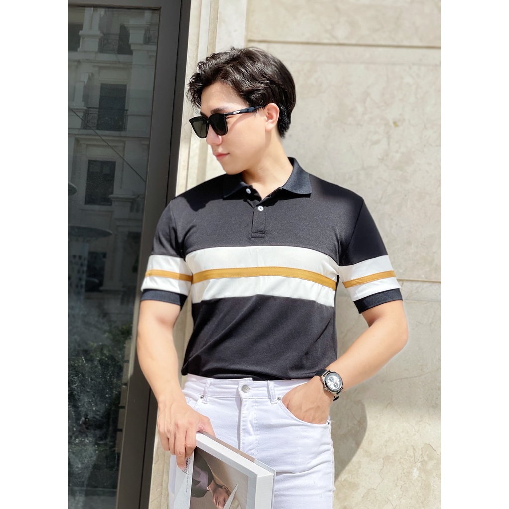 Áo polo nam cổ bẻ phối dây nâu ngang chất vải cá sấu Cotton xuất xịn,chuẩn form, sang trọng - thanh lịch TB038