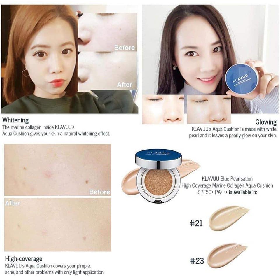 [CHUẨN AUTH] Phấn nước dưỡng ẩm Klavuu Blue Pearlsation High Coverage Marine Collagen Aqua Cushion (Xanh)