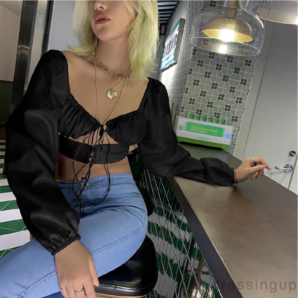 Áo croptop thiết kế dây buộc trước ngực tay dài form ôm tôn dáng gợi cảm