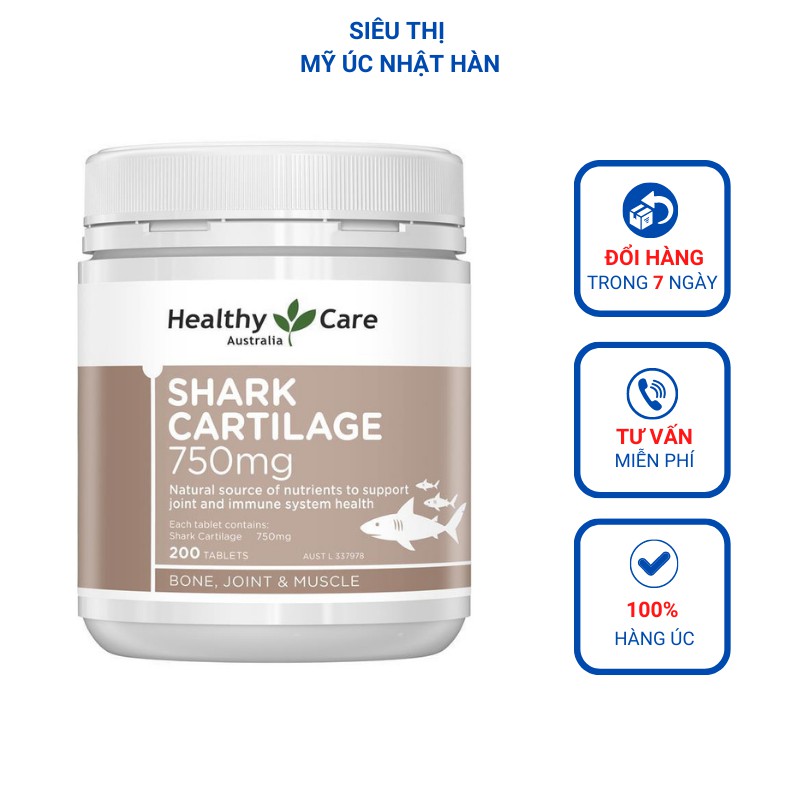Sụn vi cá mập (200v) hỗ trợ xương khớp cho người lớn trên 18 tuổi Healthy Care Shark Cartilage 750mg, Úc