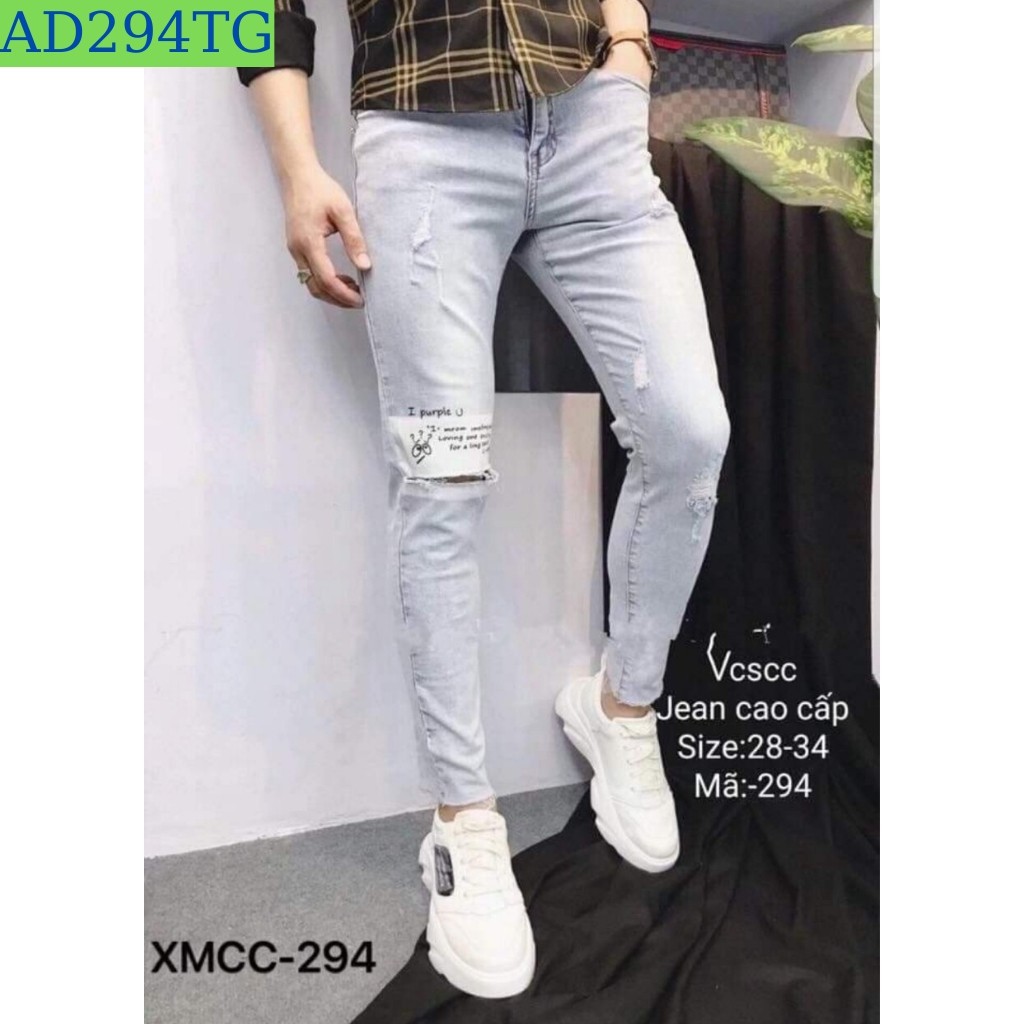 Quần Jean Nam Chất Bò VNXK AD294JM Wash Rách Phối Chữ Cao Cấp Phong Cách Hàn Quốc