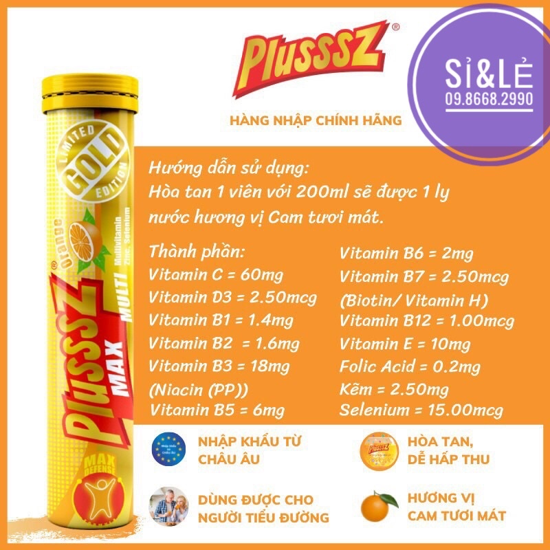 Sủi Plusssz Max Vitamin C ZinC vị Cam /Chanh Hỗ trợ tăng đề kháng