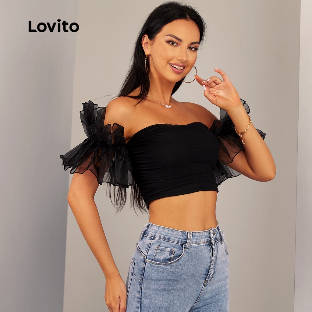 Lovito Áo Kiểu Trễ Vai Nhún Bèo Màu Đen Thời Trang Gợi Cảm L20D1004