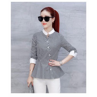 .THỜI TRANG NỮ - Áo Kiểu Sọc Caro Peplum PHỐI TRẮNG