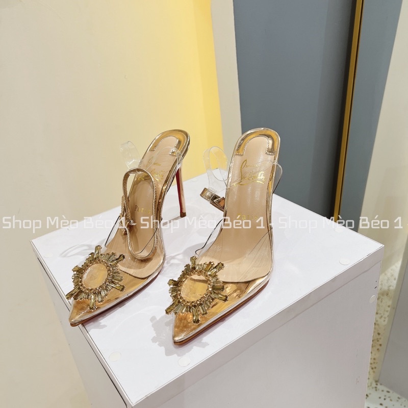 Sandal cao gót mica trong bít mũi tag hoa đá gold gót nhọn fullbox hàng quảng châu cao cấp