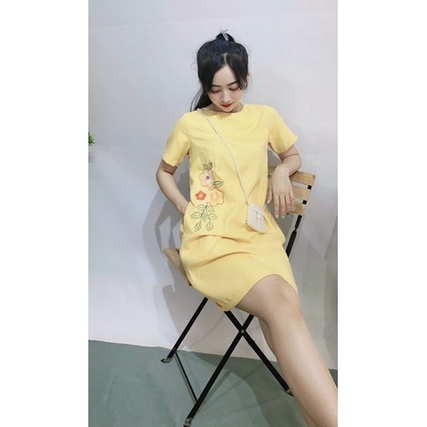 Đầm Liền Tay Ngắn Dáng Suông Cổ Tròn Cao Cấp - Váy Thun Cotton Họa Tiết Chùm Hoa - Váy Xuất Khẩu