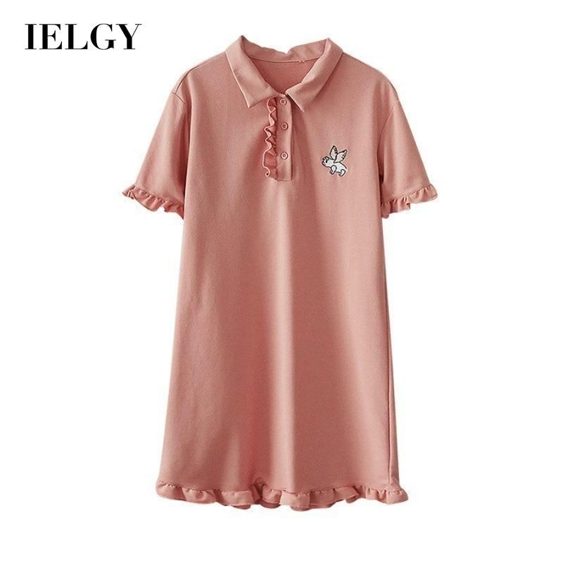 Đầm IELGY cổ polo dáng dài trung bình tay ngắn màu hồng đơn giản dành cho nữ