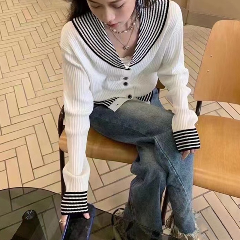 SUXI Áo Sweater Dệt Kim Tay Dài Cổ Chữ V Kẻ Sọc Màu Sắc Tương Phản Thời Trang Mùa Thu Cho Nữ