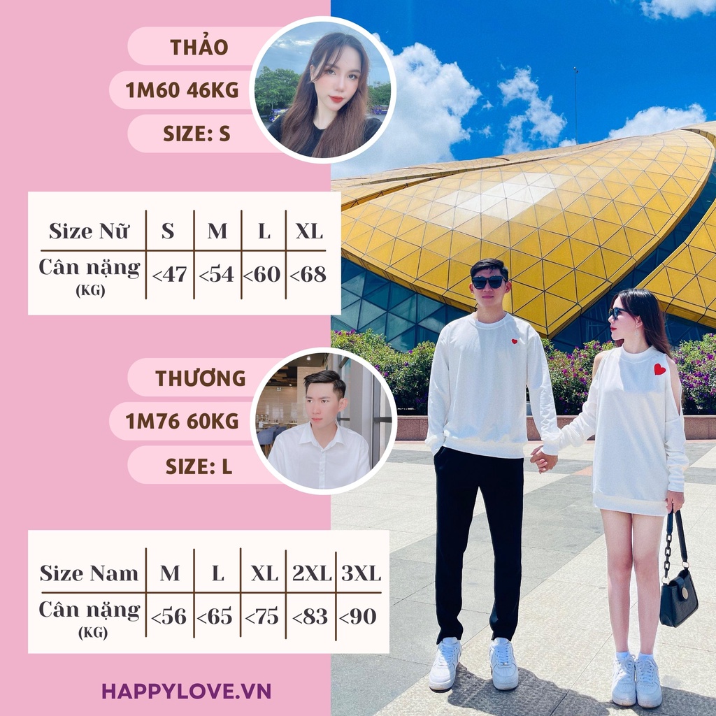 Set Áo Đôi Sweater Form rộng Hàn Quốc màu Trắng thêu Trái tim Đỏ HAPPYLOVE, Đồ Đôi Couple Đầm nữ Áo nam Quảng Châu H14