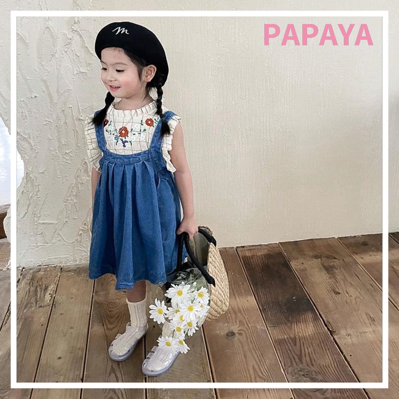 Bộ Áo Nhún Bèo + Chân Váy Yếm Denim Thời Trang Cho Bé Gái