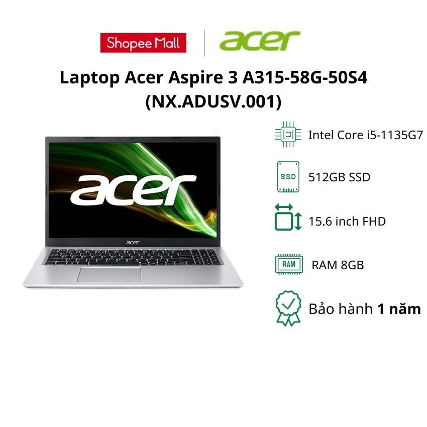 Laptop Acer Aspire 3 A315-58G-50S4 (NX.ADUSV.001)/ Silver/ Intel Core i5-1135G7/ RAM 8GB/ 512GB SSD/NVIDIA GeForce MX350