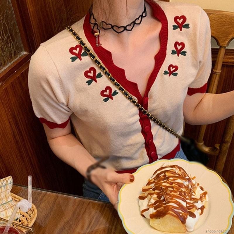 Áo Cardigan Dệt Kim Cổ Chữ V Hoạ Tiết Trái Tim Màu Tương Phản Trẻ Trung Cho Nữ | BigBuy360 - bigbuy360.vn