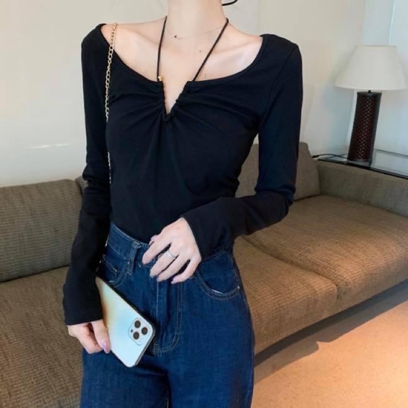 Áo kiểu tay dài hai dây yếm cổ ôm sát body trơn thun gân - Order taobao quảng châu