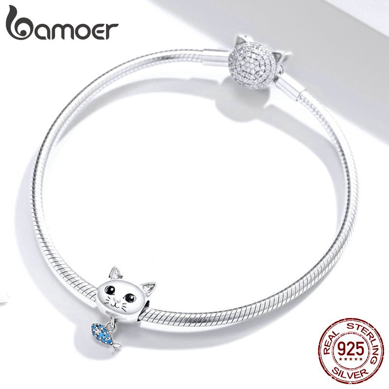 Hạt charm Bamoer bsc226 chất liệu bạc sterling 925 hình cá và mèo xinh xắn dùng làm vòng tay