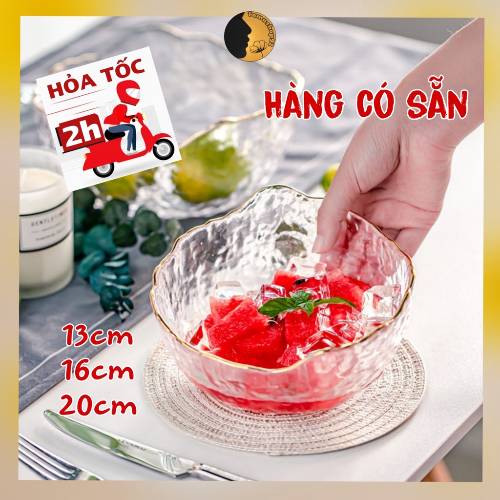 Tô Thủy Tinh TAMUSHOP92 Bát Thủy Tinh Cao Cấp To Đựng Chè Salad Viền Vàng BT001