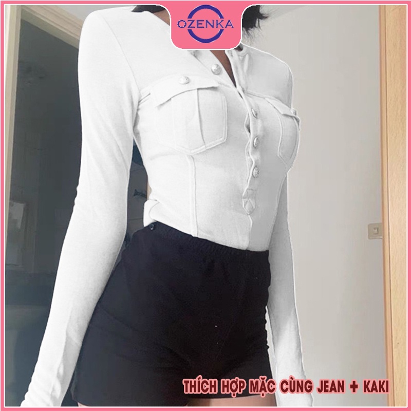 Áo dệt kim tay dài len gân nữ OZENKA , ao thu đông cao cấp chất đẹp vạt bầu cài khuy màu đen trắng