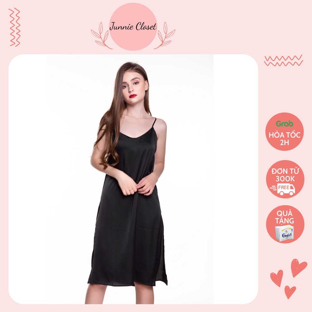 Váy 2 dây đen váy ngủ hai dây lụa satin cao cấp sexy gợi cảm