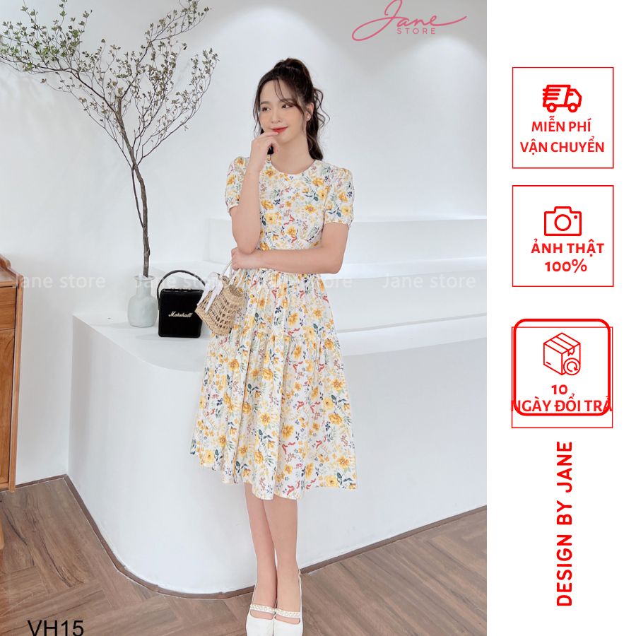 Váy hoa cúc vàng chất thô hàn hoa vàng dáng bồng năng động nữ tính thời trang thiết kế Jane mã VH15