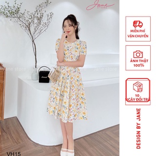 Váy hoa cúc vàng chất thô hàn hoa vàng dáng bồng năng động nữ tính thời trang thiết kế Jane mã VH15