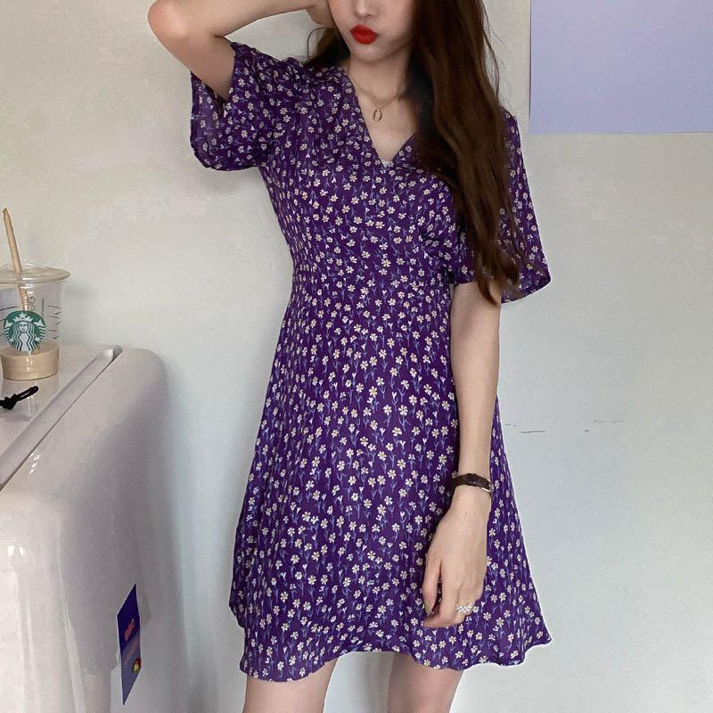 Đầm Chữ A Cổ Chữ V In Họa Tiết Hoa Phong Cách retro Dành Cho Nữ