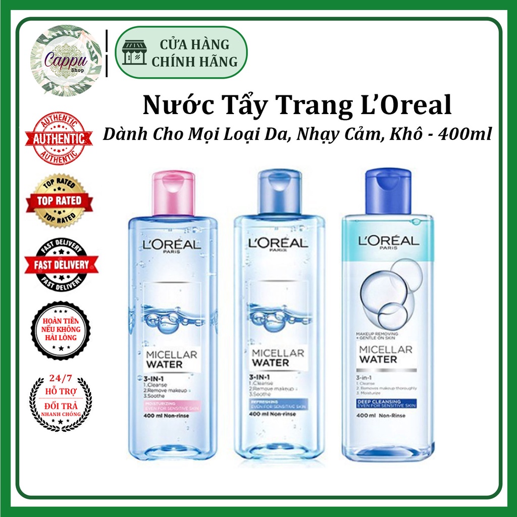 Nước Tẩy Trang Loreal [FREE SHIP] 400ml - L'Oreal Paris 3-in-1 Micellar Wate