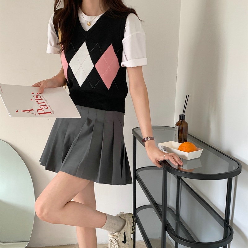 Áo SUXI dệt kim cổ chữ V họa tiết sọc caro thiết kế phong cách Mỹ thời trang