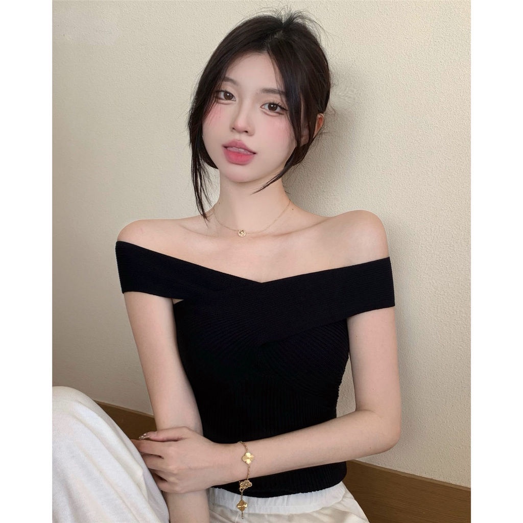 Áo kiểu PURE CUBE dệt kim cổ yếm ôm dáng vừa vặn co giãn màu sắc phong cách retro thời trang quyến rũ dành cho nữ