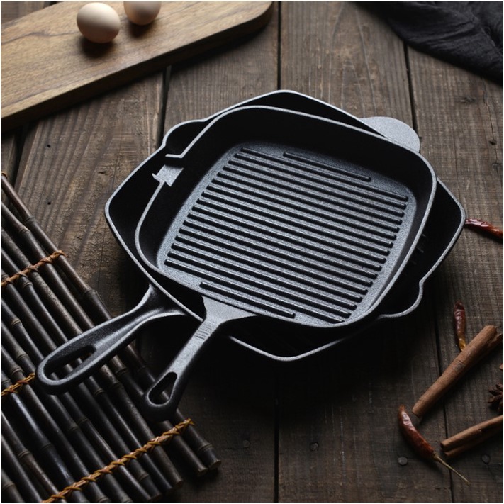 Chảo Nướng Chống Dính Bằng Gang Đúc BBQ Bò Bít Tết Steak Size 24/26cm Dùng Được Bếp Từ