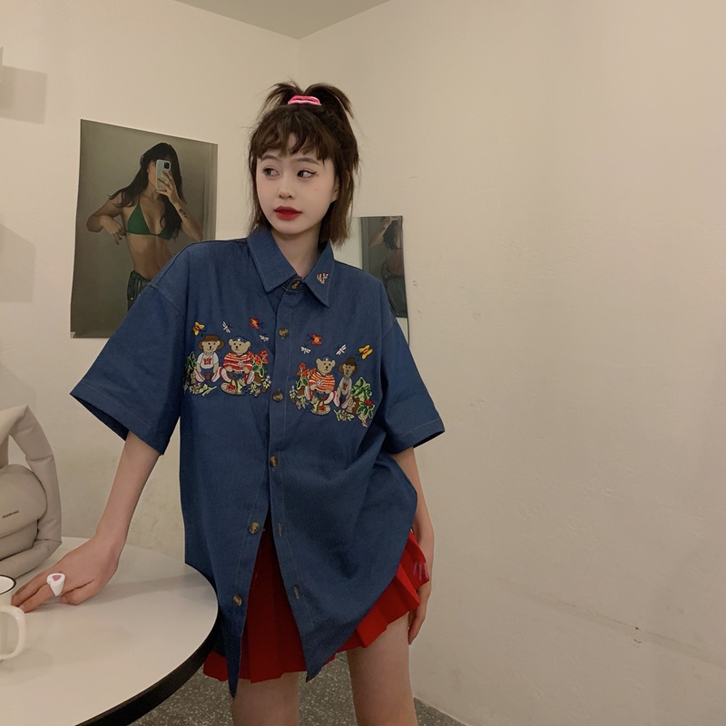 Áo Khoác Denim Tay Ngắn Thêu Hình Gấu Phong Cách Nhật Bản Thời Trang Mùa Xuân Cho Nữ