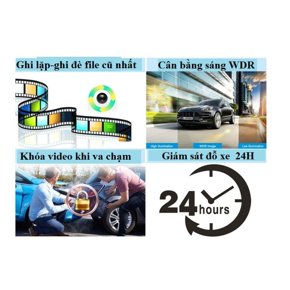 Camera hành trình ô tô RUNDONG 3 mắt T-909 | Màn hình 4.0 inch full HD 1080, camera sau chống nước, hỗ trợ thẻ nhớ 32 Gb