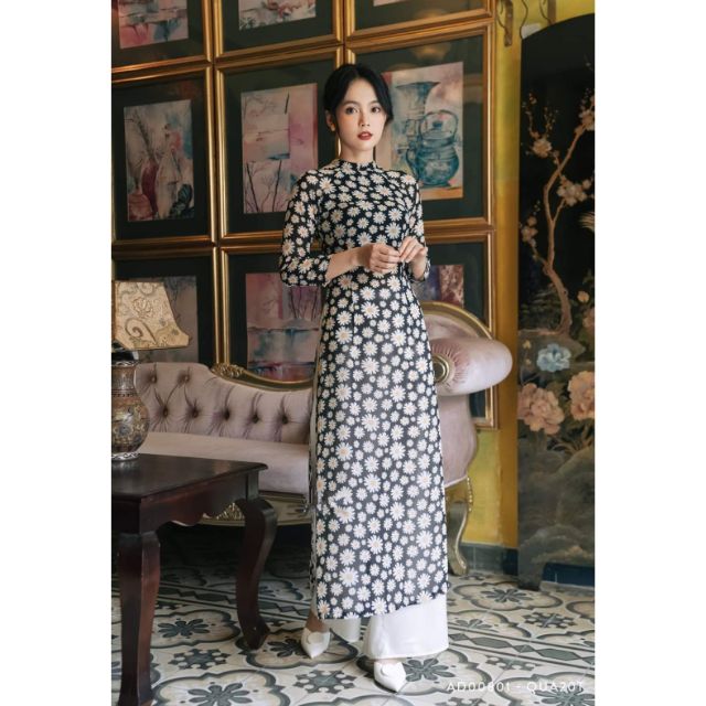 Áo dài hoa nhí 4 tà, 2 tà cúc to nhiều màu sang chảnh