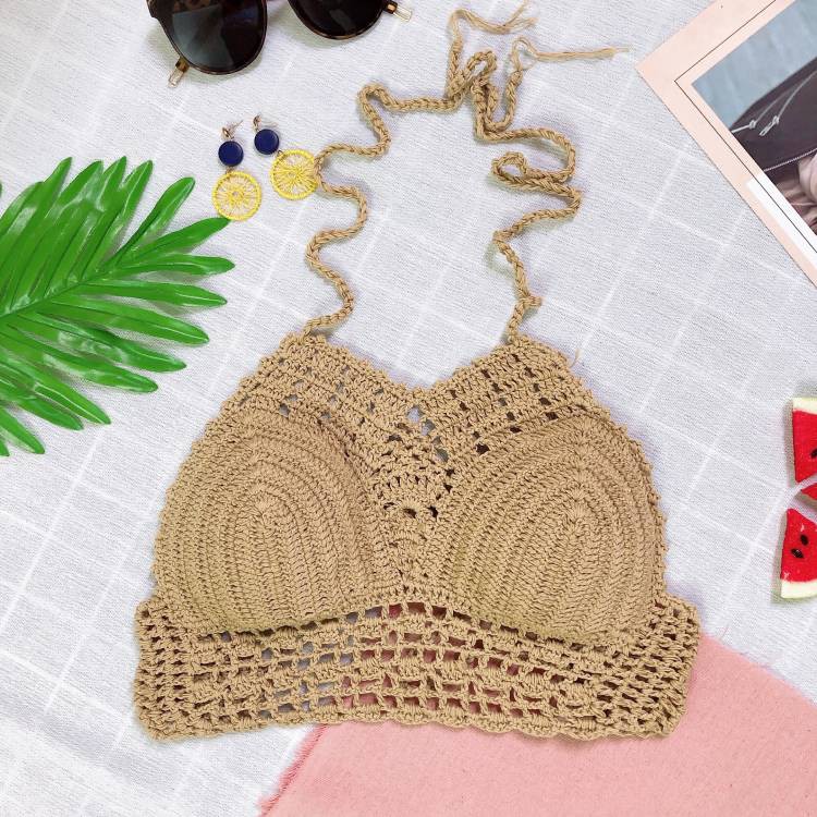 Áo yếm len móc màu nude mặc đi biển đi bơi ( Có video quay thật)