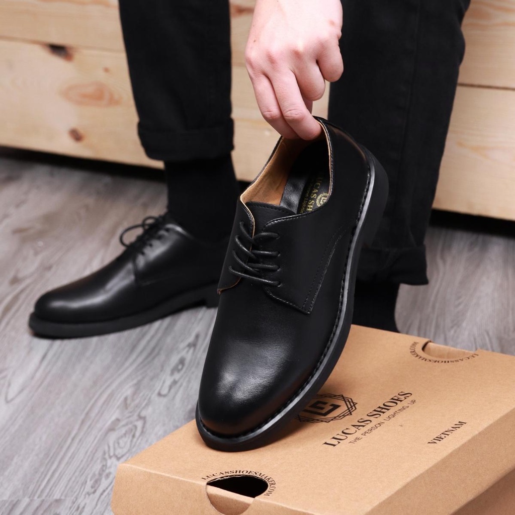 Giày da nam Derby Black LC01 da bò nappa - Lucas Shoes, dáng giày Tây công sở, đế cao su đúc, có lót chống tê mỏi