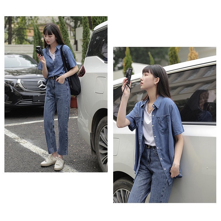 MS683 Áo sơ mi jeans nữ cộc tay hai túi, áo bò túi ngực