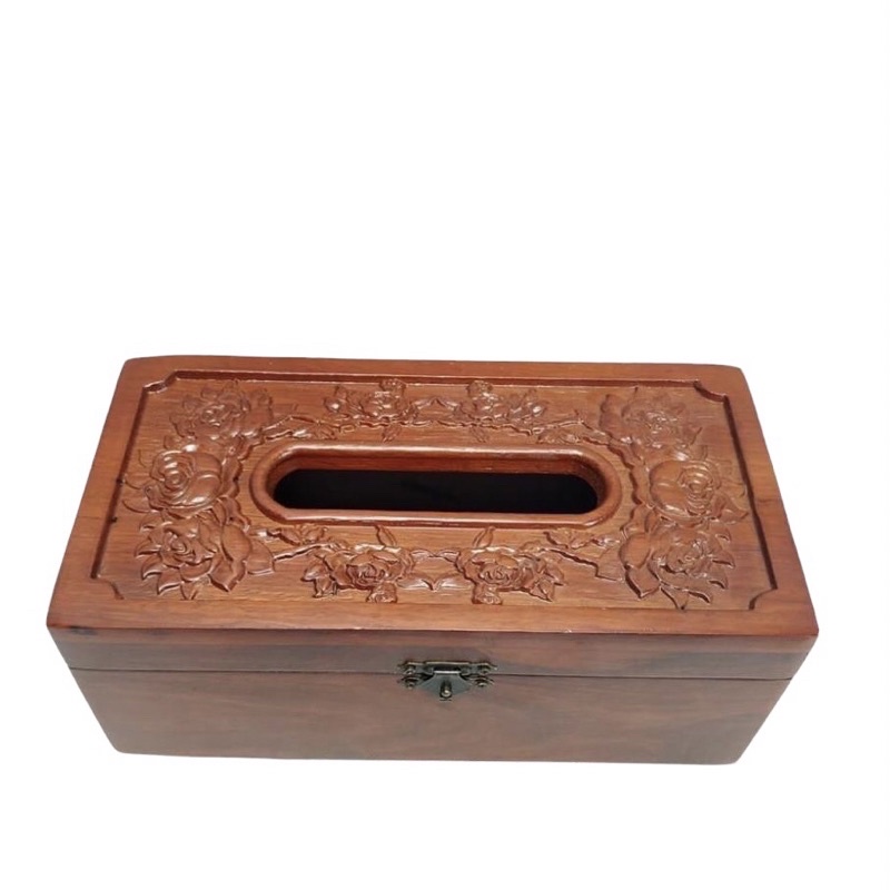 HỘP ĐỰNG KHĂN GIẤY ĂN gỗ hương đỏ tự nhiên hình chữ nhật triện hoa