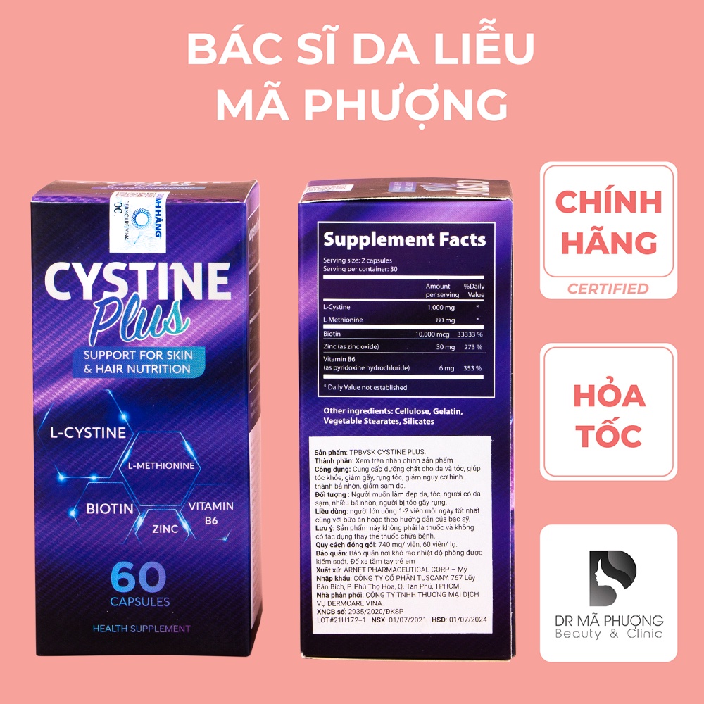 Viên uống Cystine Plus giảm mụn, đẹp da, ngăn rụng tóc - Hàng Chính Hãng - Dược Mỹ Phẩm Bác Sĩ Mã Phượng