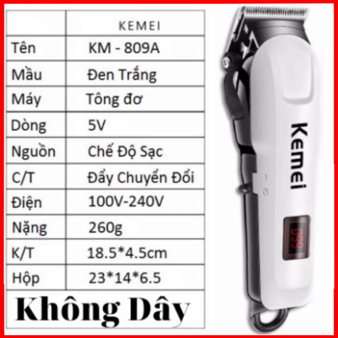 Tông Đơ Cắt Tóc Không Dây - Có Dây chuyên nghiệp KEMEI KM- 809A - Tông Đơ Salon - Kèm combo kéo, đèn, áo choàng.