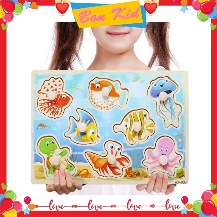 Bảng ghép hình núm gỗ cho bé dạy đếm số nhận diện con vật phương tiện giao thông