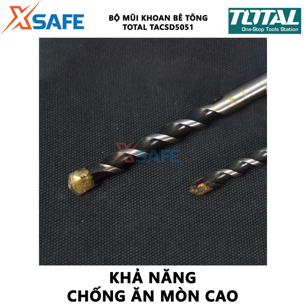 Bộ 5 mũi khoan bê tông TOTAL TACSD5051, đuôi trơn, kích thước 5x85, 6x100, 6.5x120, 8x120, 10x120mm - chính hãng