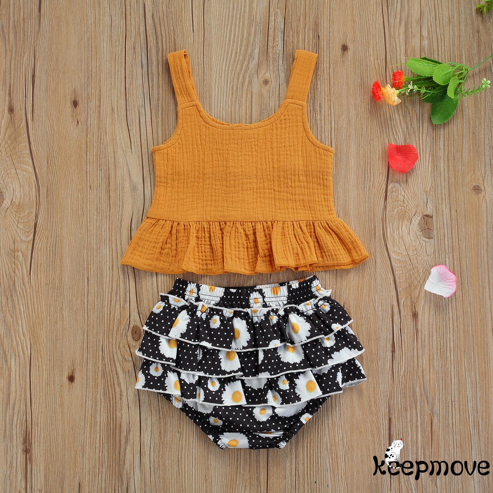 Set Đồ Mùa Hè 2 Món Áo Tank Top Cài Nút Màu Sắc Trơn + Quần Dài Nhiều Lớp Đính Hoa Cho Bé Gái 6 Tháng Đến 4 Tuổi