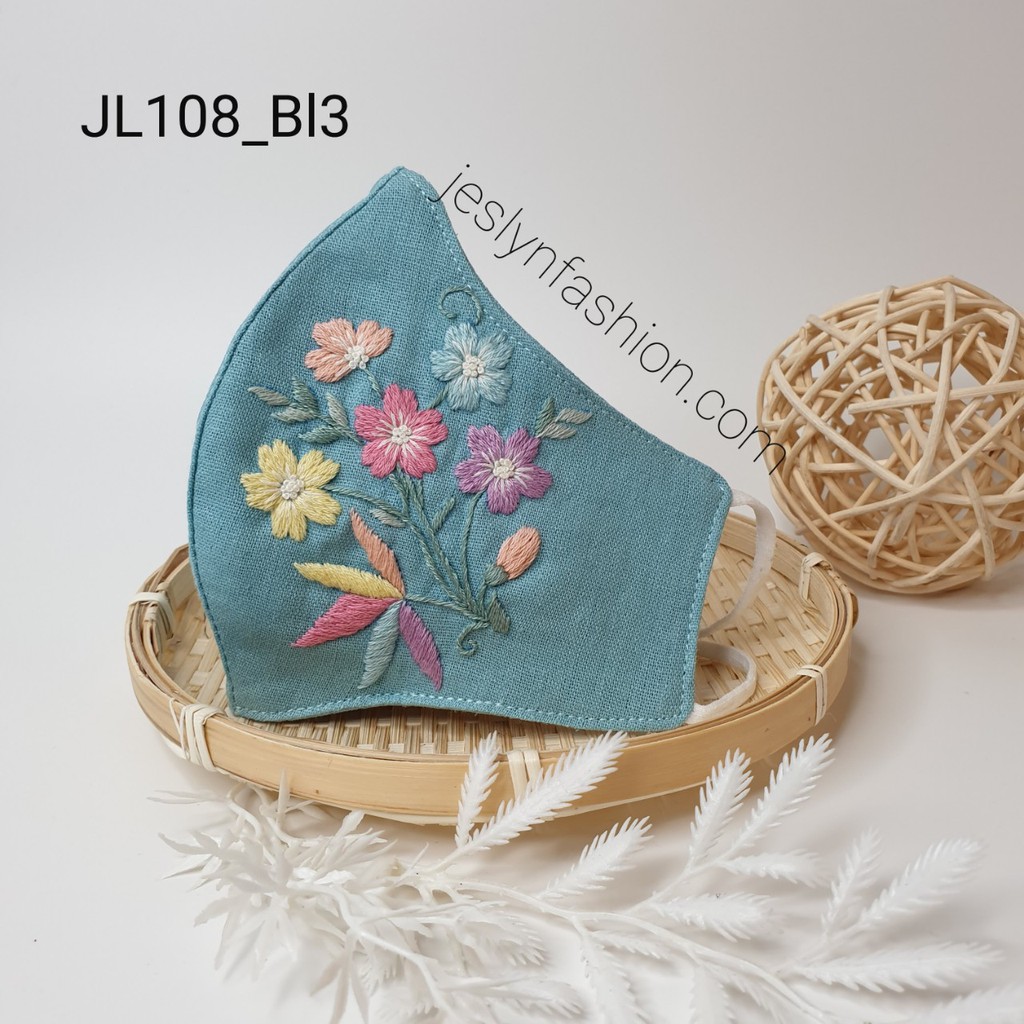 Khẩu trang thêu tay vải linen hình hoa JL108