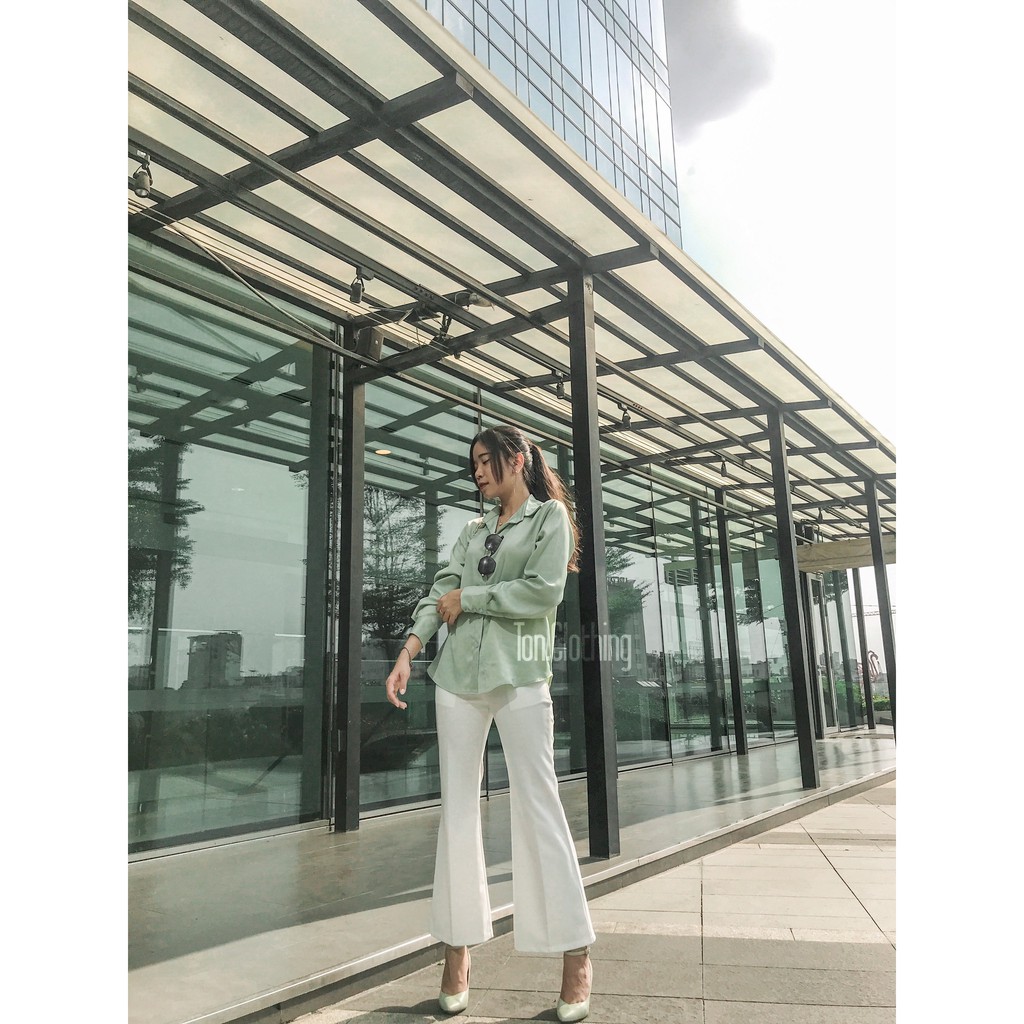 Áo sơmi nữ Ton.Clothing sơmi tay dài vải lụa MANGO dáng đẹp phù hợp đi làm đi chơi màu xanh mint SMI004